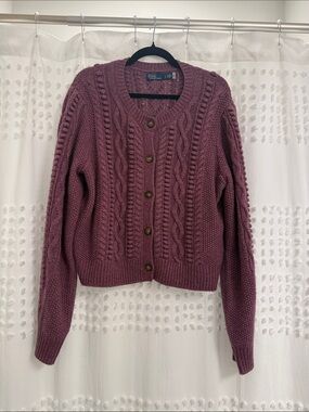 Ralph Lauren Polo Cable Knit Button-Front Sweater Cardigan - Plum